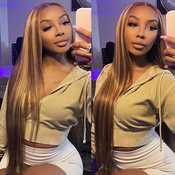 Model Showcasing 20 P4/27 Straight HD Lace Closure Wig With a Sleek Look