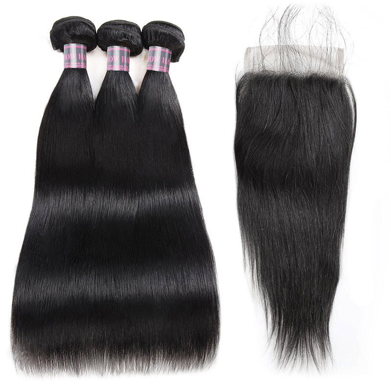 Ishow Hair Virgin Straight Human Hair Weave 3 Bundles With Lace Closure
