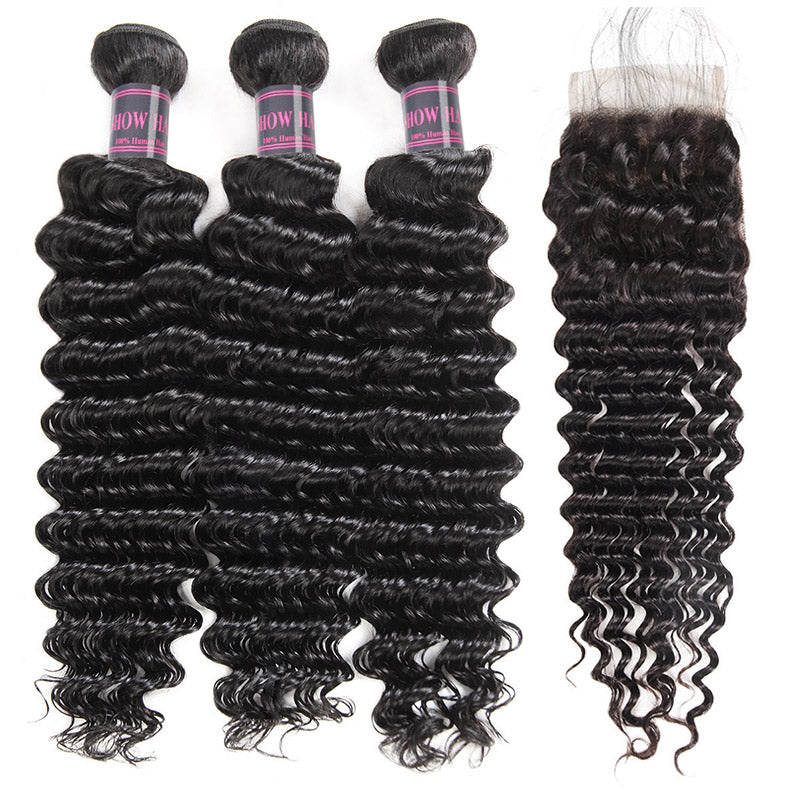 Ishow Brazilian Deep Wave Hair 3 Bundles with 4*4 Lace Closure