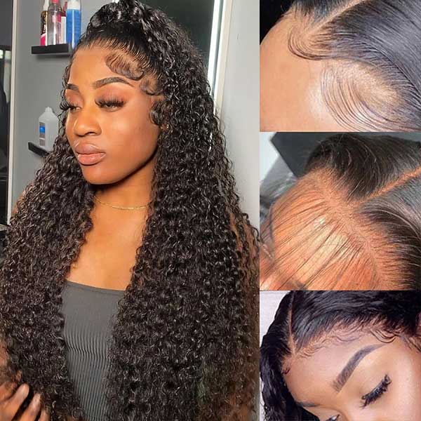 Model in 32-Inch Curly Human Hair Wig With Detailed Hairline and Texture Views