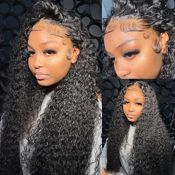 32-Inch Curly Human Hair Wig Displayed On Model Highlighting Natural Curls and Hairline