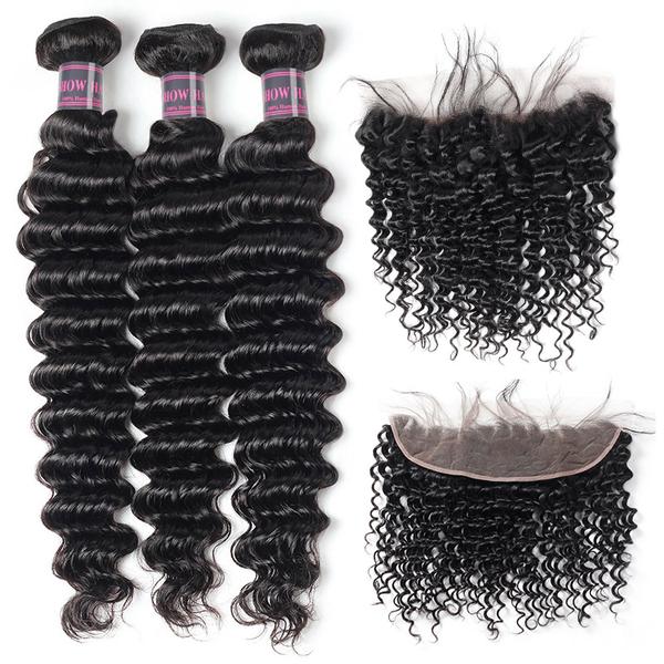 Malaysian Deep Wave Hair Weave 3 Bundles with 13*4 Lace Frontal Closure - IshowHair