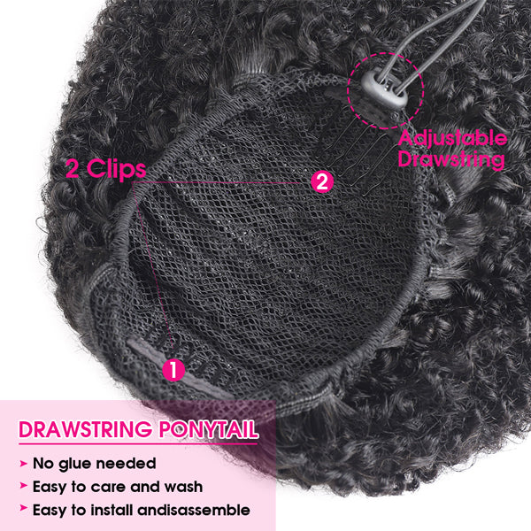 Drawstring Ponytail Afro Curly Human Hair Clip in Hair Extension in Ponytail