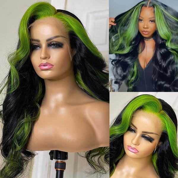 Green Skunk Stripe Lace Front Wig With Body Waves On Mannequin Display
