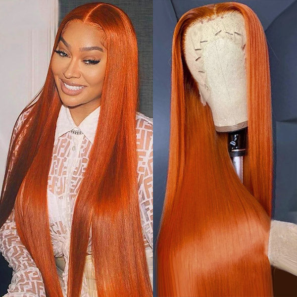Collage of three images with models wearing long, straight ginger orange lace front wigs; one showing detailed hairline, another displaying full length and color of the wig.