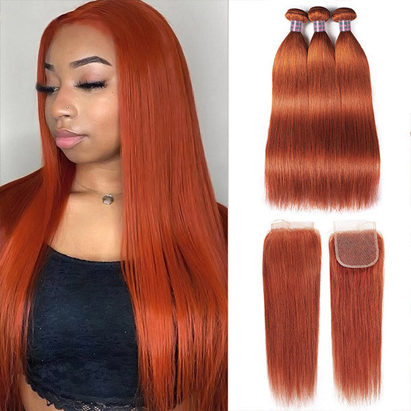 Ginger Bundles With Closure Straight Hair 3 Bundles With Lace Closure Brazilian Human Hair