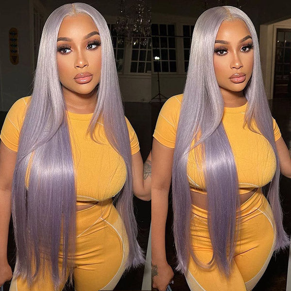 Long Lavender Lace Front Wig With Natural Hairline Worn By a Model in a Yellow Outfit