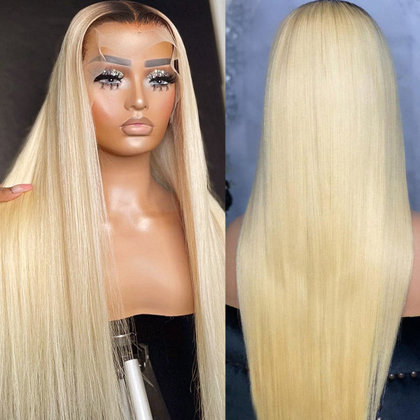 Straight 1B/613 HD Lace Front Wig Displayed On a Model