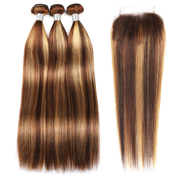 Peruvian P4/27 Honey Blonde Virgin Remy Straight Human Hair Weave 3 Bundles With 4x4 Lace Closure - IshowHair