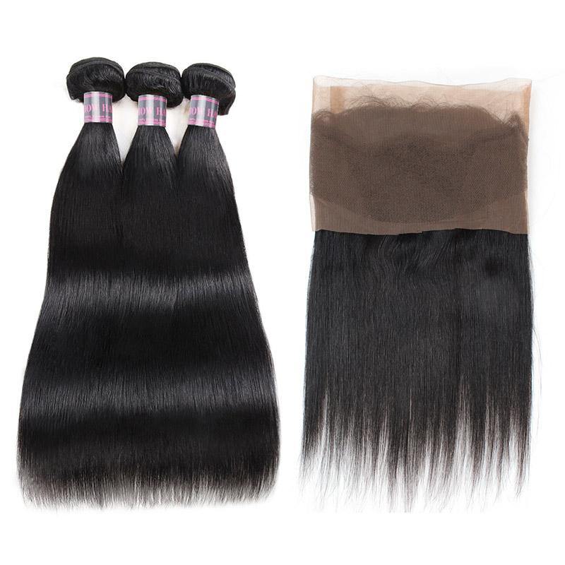 100% Virgin Remy Human Hair Bundles of Weft Indian Straight Natural Color 3 Bundles With 360 Lace Frontal Closure - IshowVirginHair