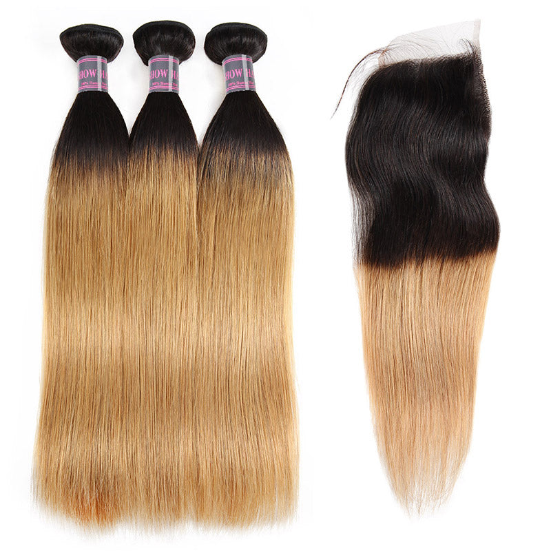 Ishow Ombre 100% Virgin Remy Human Hair Straight 3 Bundles With 4x4 Lace Closure - IshowVirginHair