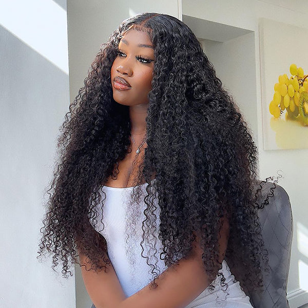 Model Wearing a Long Kinky Curly Human Hair Wig, Highlighting Natural Bounce