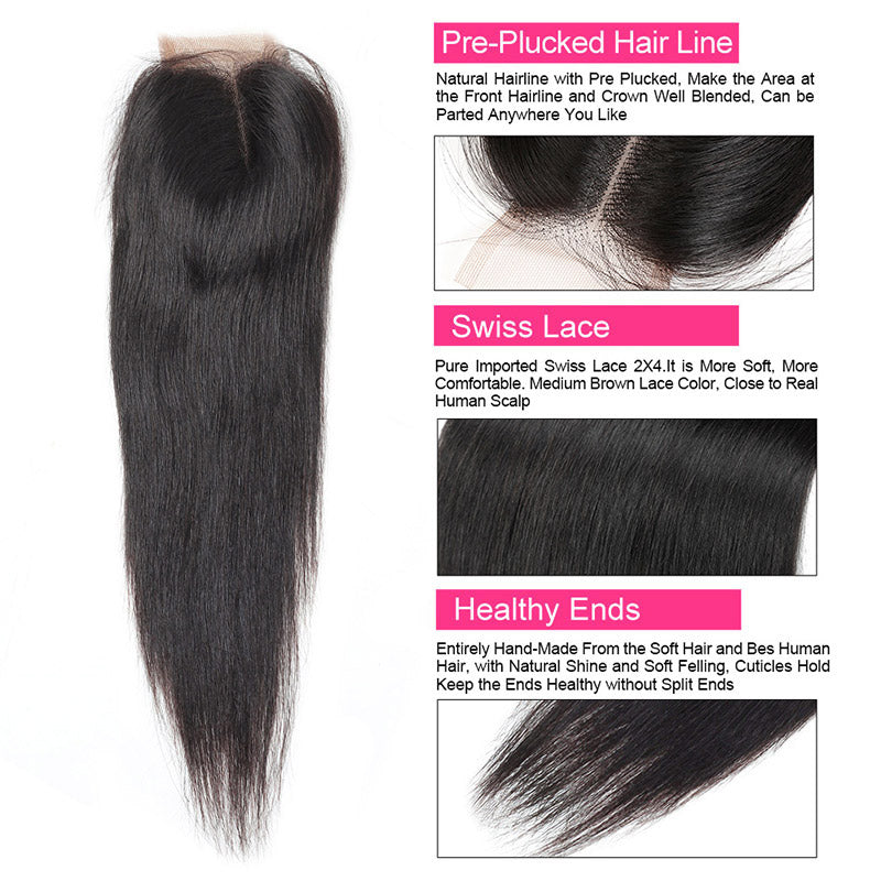 Brazilian Straight Hair Weave Ishow Remy Virgin Human Hair 3 Bundles with 2*4 Lace Closure - IshowVirginHair