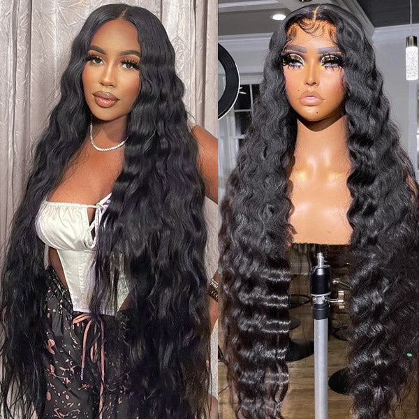 Loose deep wave human hair wig on a woman and on a mannequin head, showcasing the natural black color and texture of the wig available at Ishow Beauty.