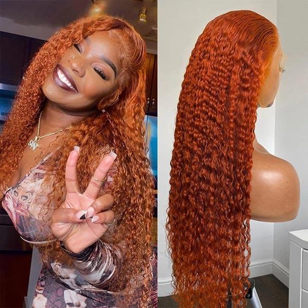Woman With Ginger Orange Curly Wig and Peace Sign, Showcasing Vibrant Hair Color