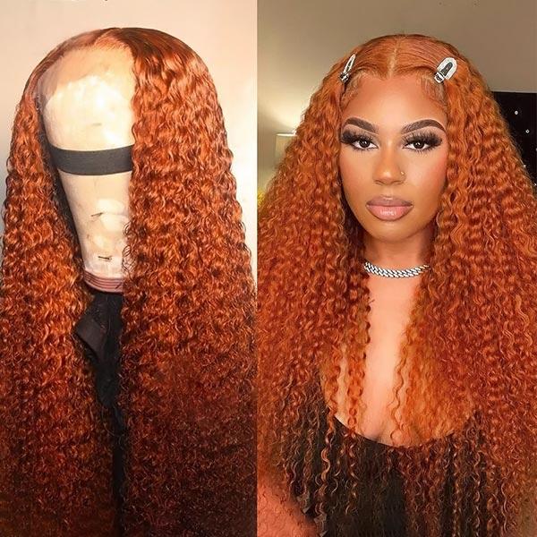 Ginger Orange Curly Lace Front Wig Displayed With Model Highlighting Vibrant Curls