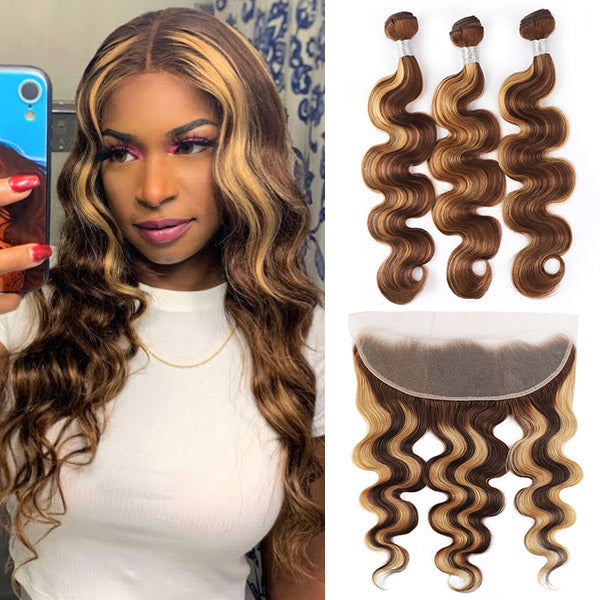 Ishow Beauty Honey Blonde P4/27 Body Wave Human Hair Weave Bundles with 13x4 Lace Frontal Closure - IshowHair