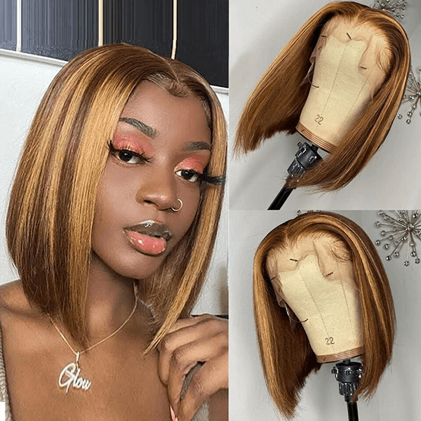 P4/27 Honey Blonde Straight Hair Wigs Short Bob Human Hair Wig with Highlights 4x4 Lace Closure Wig - IshowHair