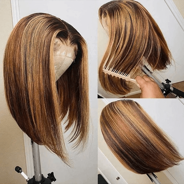 P4/27 Honey Blonde Straight Hair Wigs Short Bob Human Hair Wig with Highlights 4x4 Lace Closure Wig - IshowHair