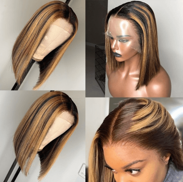 P4/27 Honey Blonde Straight Hair Wigs Short Bob Human Hair Wig with Highlights 4x4 Lace Closure Wig - IshowHair
