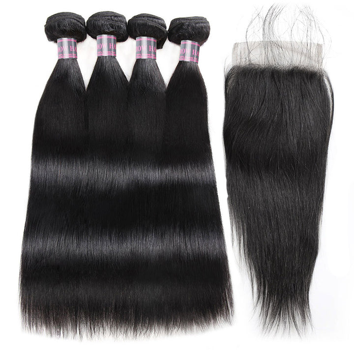 Ishow Virgin Peruvian Straight Human Hair 4 Bundles With Lace Closure
