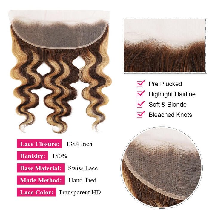 Ishow Beauty Honey Blonde P4/27 Body Wave Human Hair Weave Bundles with 13x4 Lace Frontal Closure - IshowHair