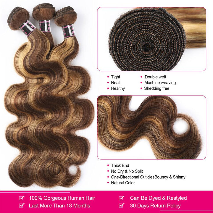 Ishow Beauty Honey Blonde P4/27 Body Wave Human Hair Weave Bundles with 13x4 Lace Frontal Closure - IshowHair