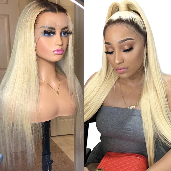 1B/613 Straight HD Lace Front Wig On Mannequin and Model With Sleek Hairstyle