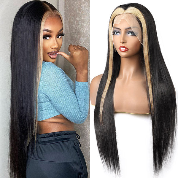 Blonde Skunk Stripe Lace Front Wig Displayed On Mannequin and Worn By a Model