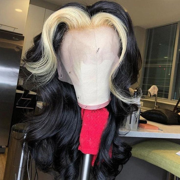 Blonde Skunk Stripe Lace Front Wig On Display With Body Wave Curls