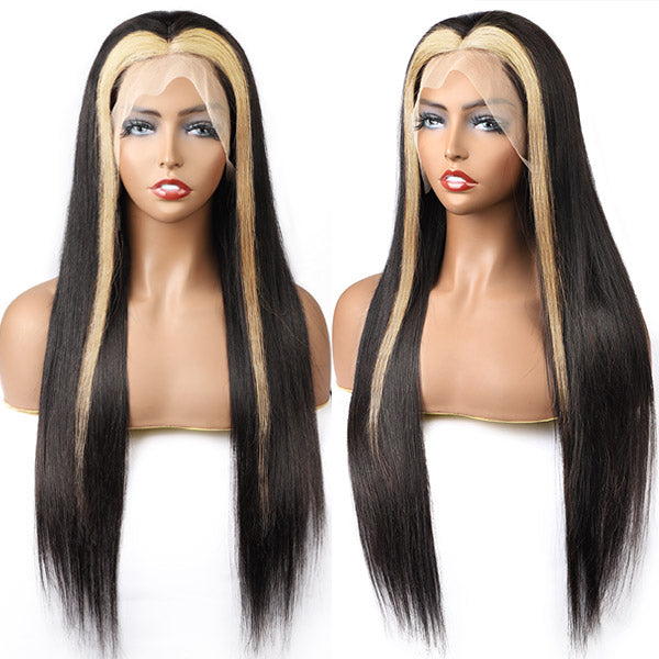 Blonde Skunk Stripe Lace Front Wig With Straight Texture On Mannequin Head