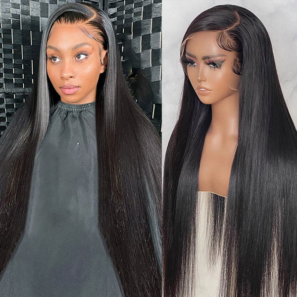 40-inch straight lace front wig with pre-plucked hairlines on mannequin. Natural black, 13x6 transparent top Swiss lace, glueless design from Ishow Beauty.