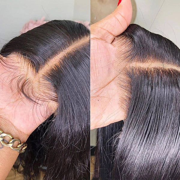 Lace Frontal of 40-Inch Straight Black Wig Highlighting Natural Hairline and Parting