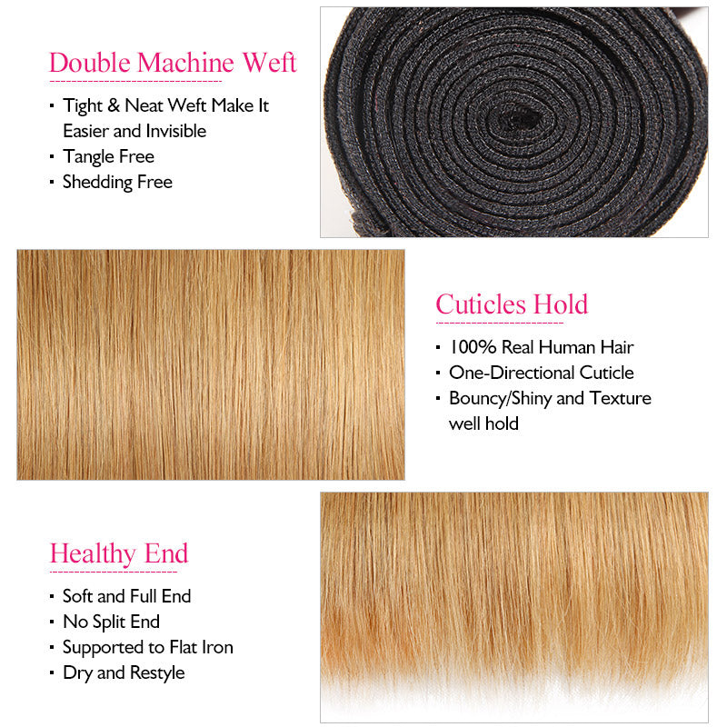 Ishow Ombre 100% Virgin Remy Human Hair Straight 3 Bundles With 4x4 Lace Closure - IshowVirginHair