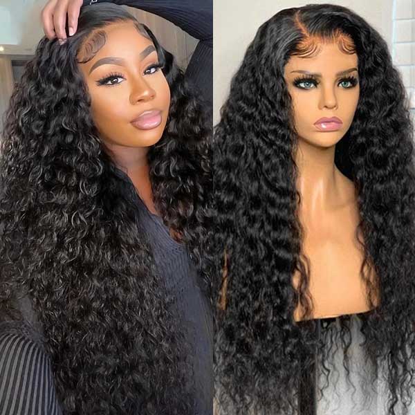 Collage showcasing Ishow Glueless Water Wave Wig on mannequin head and various hairstyles: braided cornrows, side part, and middle part with pre-plucked hairline.