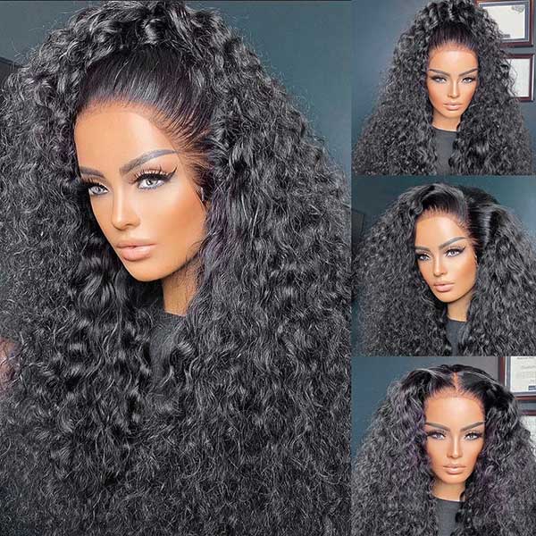 Model Displaying Voluminous Water Wave Wig in Natural Black Hair Color