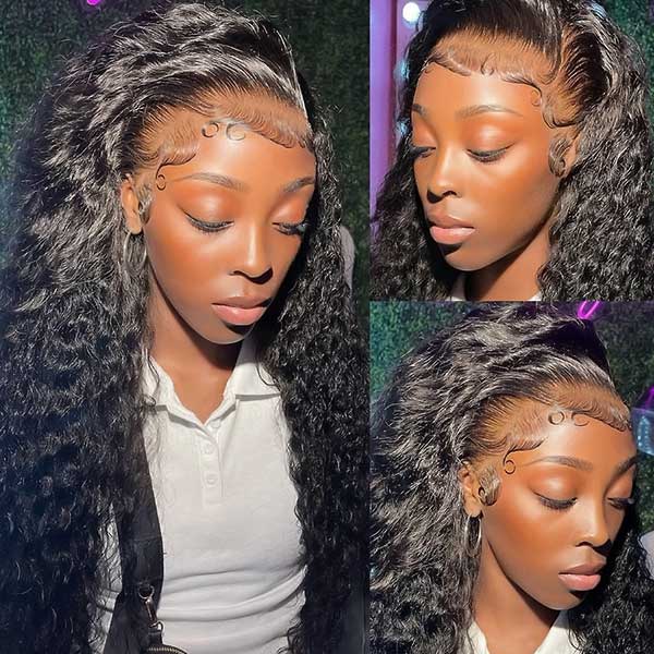 Model Wearing Glueless Water Wave Wig With Elegant Curls and Pre-Plucked Hairline