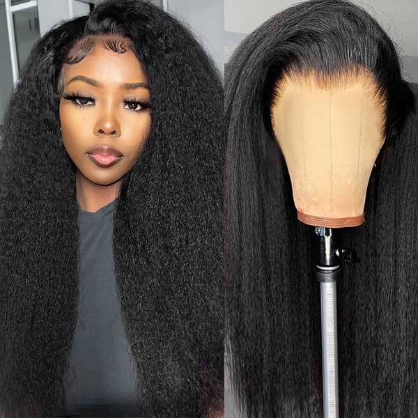 Yaki Straight 13x4 Lace Frontal Human Hair Wig with Kinky Straight Texture on a Mannequin Head, showcasing front and back views