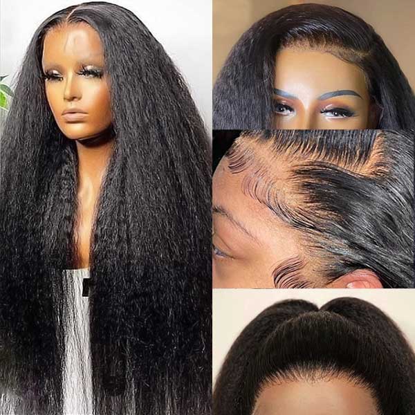 Yaki Straight Human Hair Wig in Natural Black With Detailed Styling On Mannequin