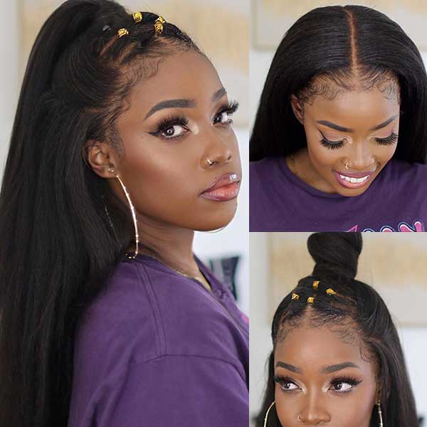 Woman With Yaki Straight Wig Styled in a High Ponytail, Featuring Gold Hair Accessories