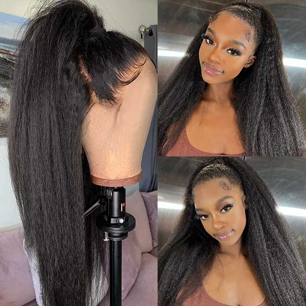 Yaki Straight Human Hair Wig On Mannequin, Styled in a Sleek Ponytail With Accessories