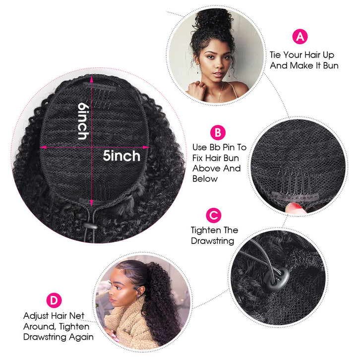 Drawstring Ponytail Afro Curly Human Hair Clip in Hair Extension in Ponytail