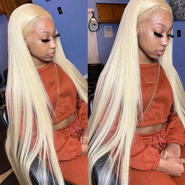 a woman wearing a honey blonde 13x4 HD lace front wig, shown from two different angles. The wig is 613 blonde in color and has a straight texture that extends down to her waist. Both angles highlight the natural-looking hairline and the silky, smooth quality of the human hair wig. The wig provides a luxurious and realistic appearance, demonstrating its high-quality construction and appealing style.