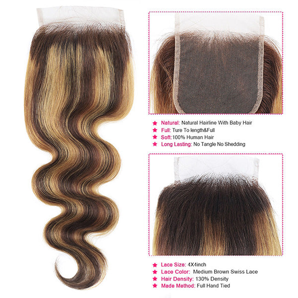 Ishow Beauty P4/27 Honey Blonde Brazilian Body Wave Human Hair Weave 3 Bundles With 4X4 Lace Closure - IshowHair