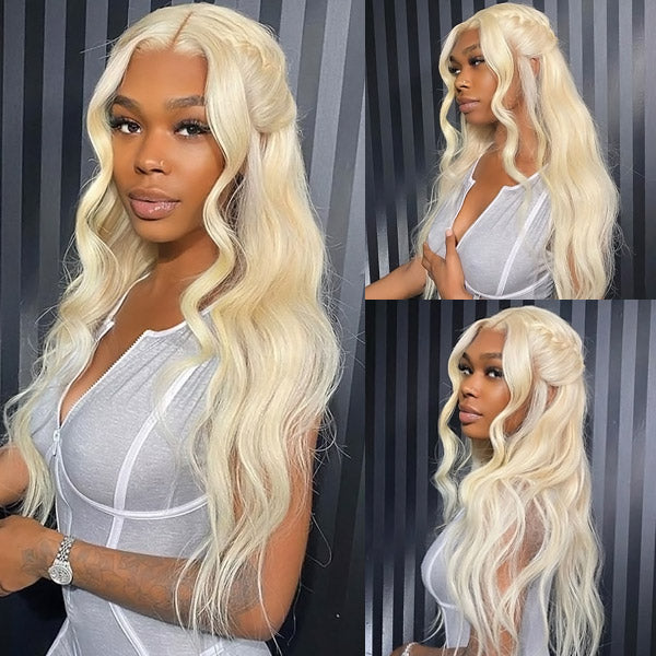 30-Inch Blonde Body Wave Lace Front Wig Showcased On a Model With Stylish Loose Waves
