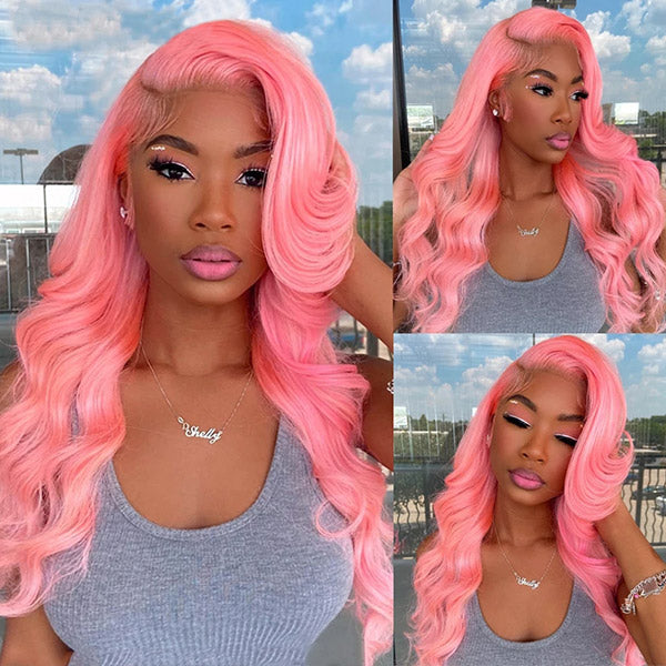 Pink Lace Front Wigs Body Wave Colored Wigs 30 Inch Transparent HD Human Hair Wigs With Natural Hairline