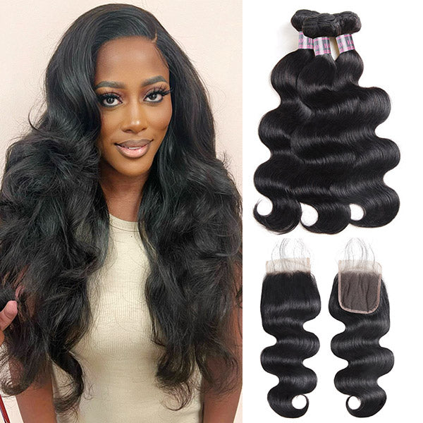 Body Wave Bundles with Closure Virgin Peruvian Hair 3 Bundles with 4x4 Lace Closure