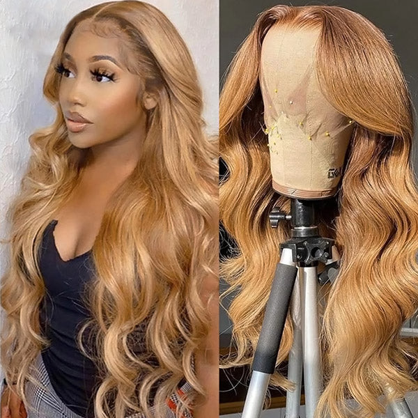Honey Blonde Lace Front Wigs 30Inch Body Wave Colored Wigs 13x4 HD Transparent Front Wigs