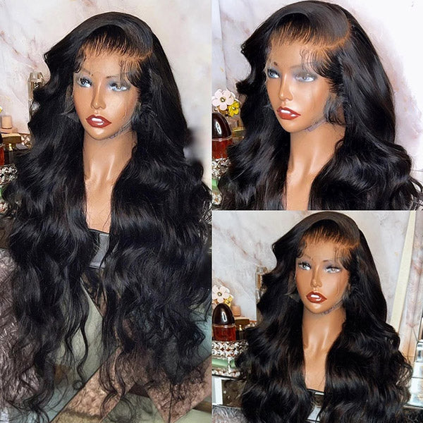 40-Inch Natural Black Body Wave Wig Styled With Baby Hairs and Realistic Hairline