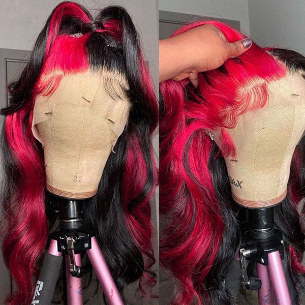 Products Rose Red With 613 Blonde Highlights 13x4 Colored Wigs Body Wave Human Hair HD Lace Front Wigs
